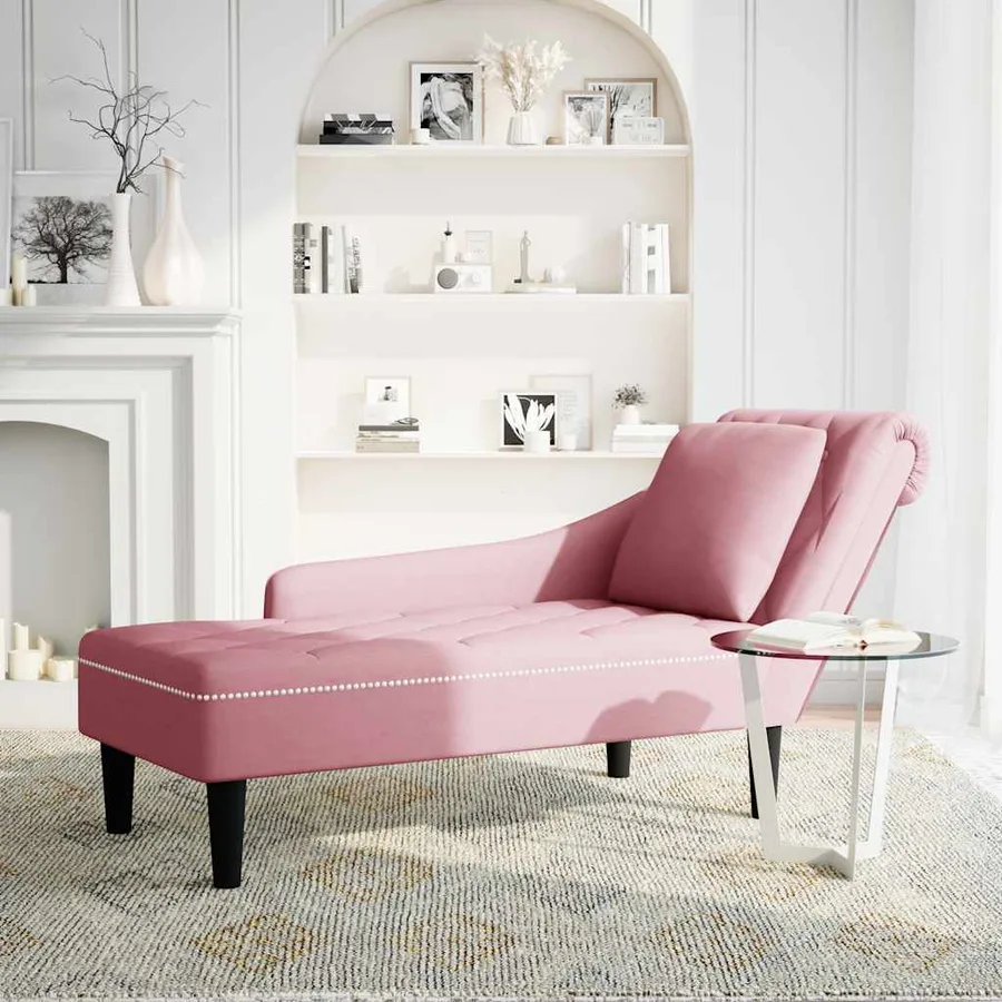 Fauteuil long avec coussin et accoudoir droit rose velours - 2
