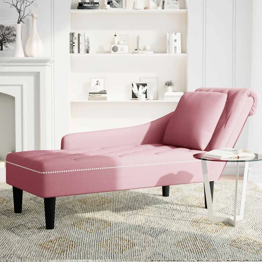 Fauteuil long avec coussin et accoudoir droit rose velours - 3
