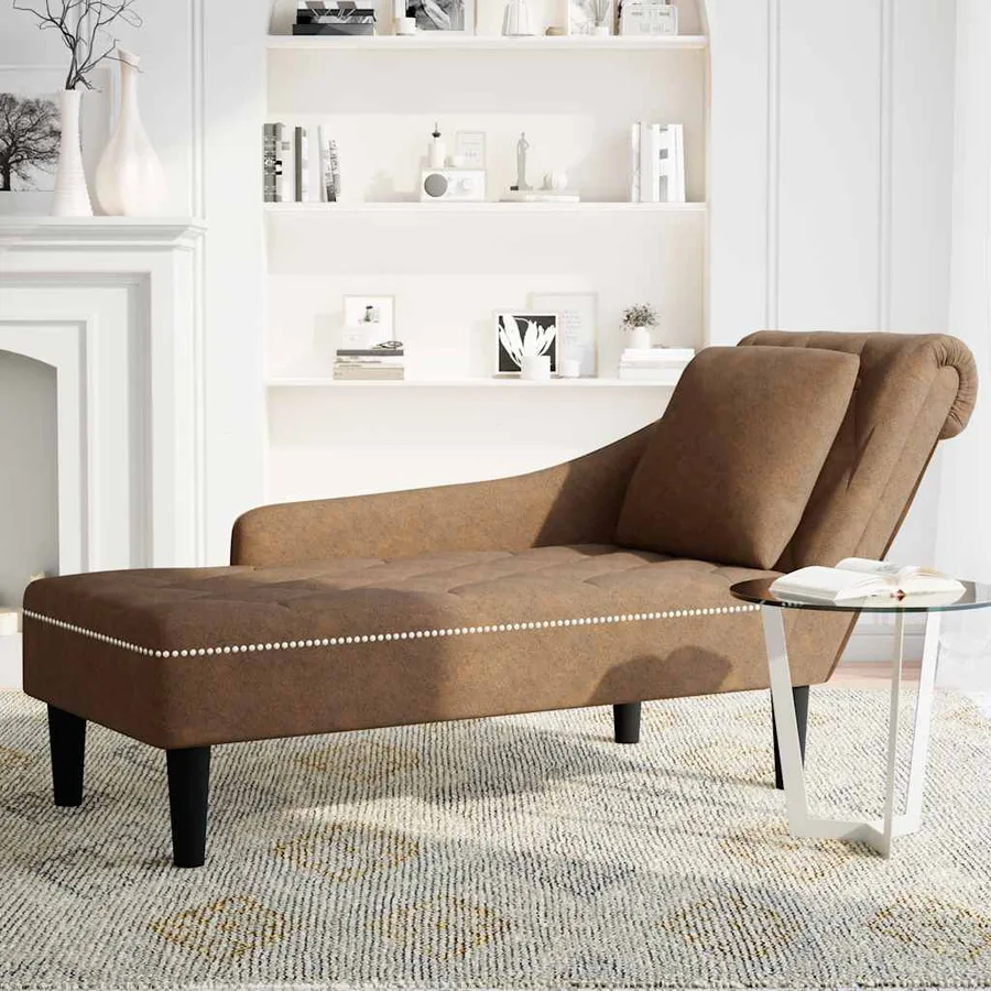 Fauteuil long avec coussin et accoudoir droit marron similicuir - 3
