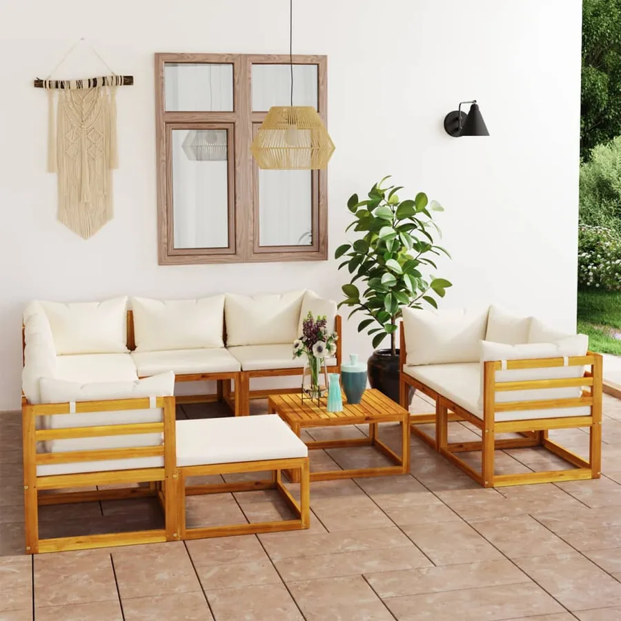 Salon de jardin 10 pcs avec coussin Crème Bois d'acacia solide