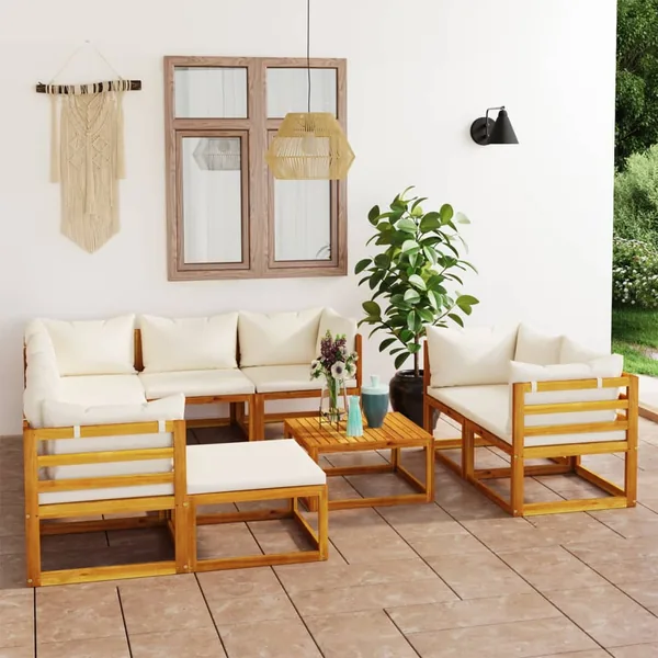 Salon de jardin 10 pcs avec coussin Crème Bois d'acacia solide