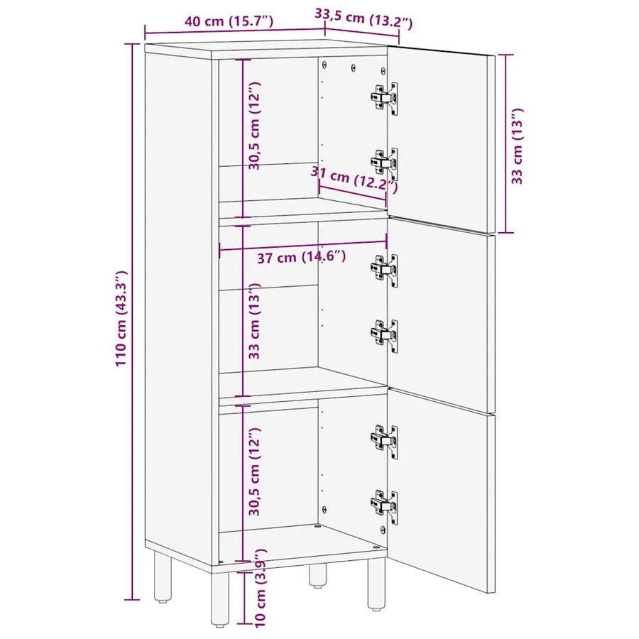 Buffet haut 40x33,5x110 cm bois de manguier brut massif - 12