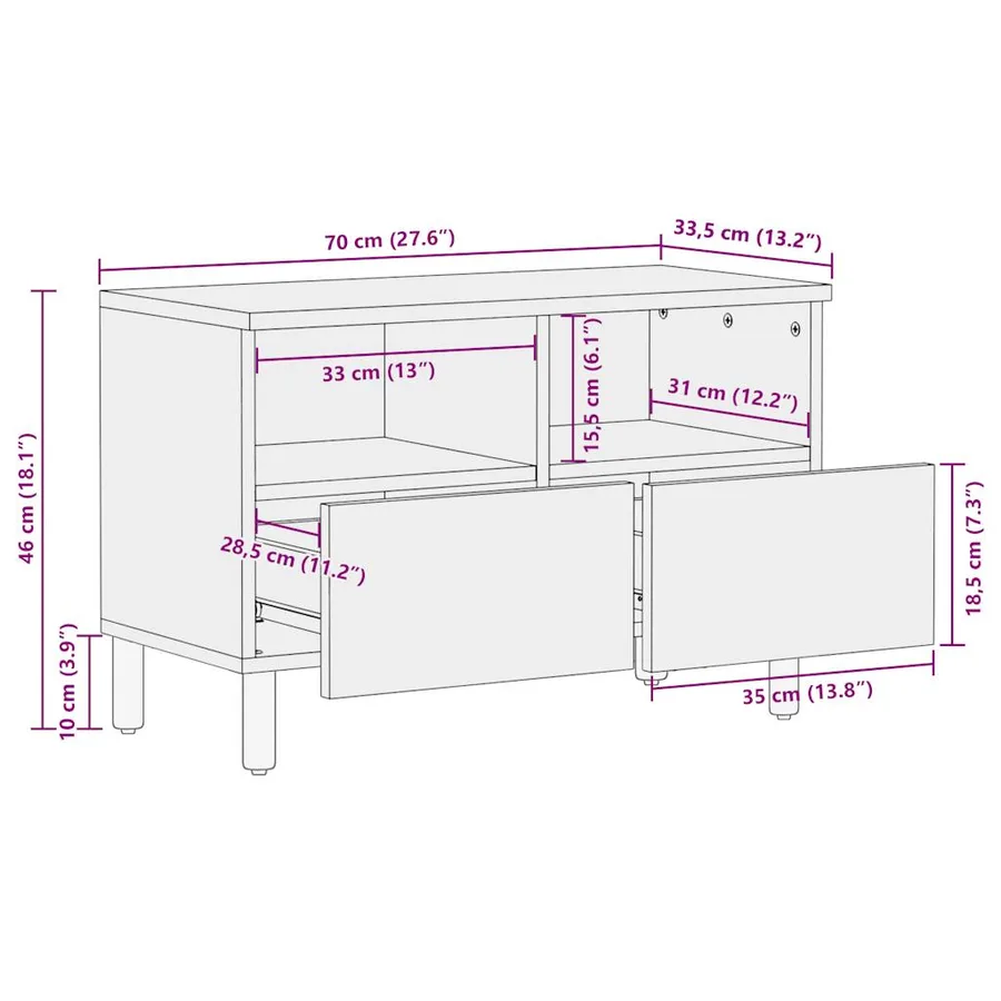 Meuble TV noir 70x33,5x46 cm bois massif manguier brut - 11