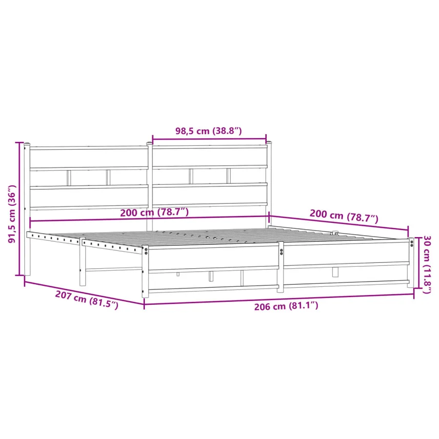 Cadre de lit en métal sans matelas chêne fumé 200x200 cm - 9