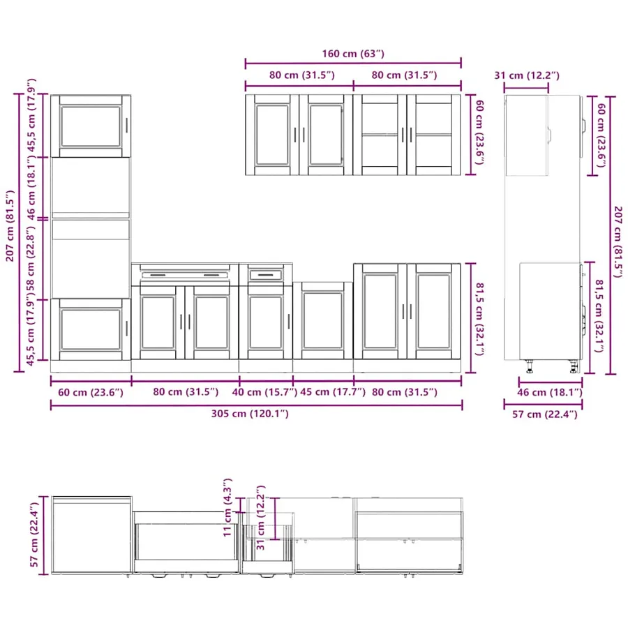 Ensemble de 7 meubles de cuisine "Porto" en bois d'ingénierie vieilli - 8