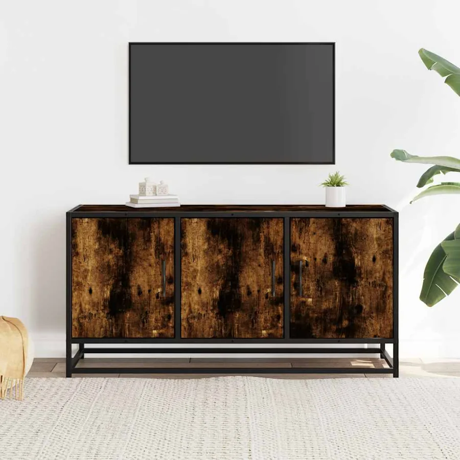 Meuble TV chêne fumé 100x35x50 cm bois d'ingénierie et métal - 3