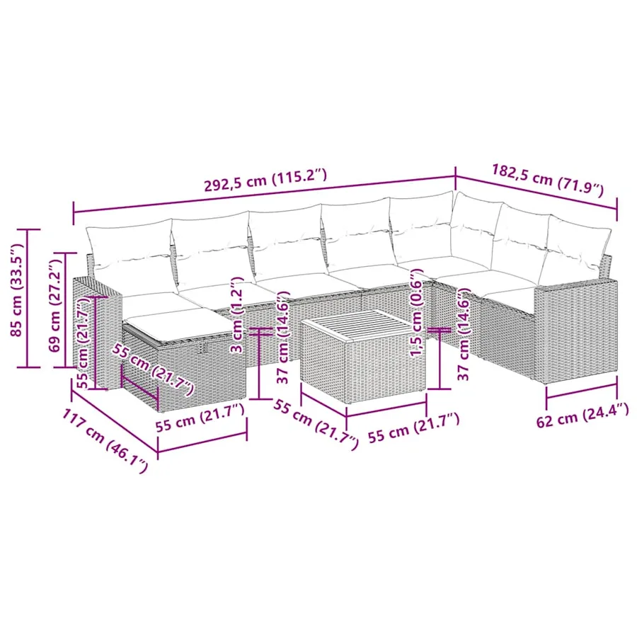 Salon de jardin avec coussins 9 pcs beige résine tressée - 16