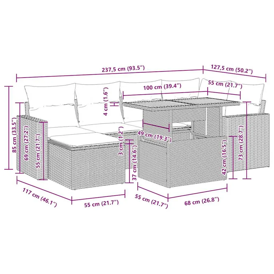 Salon de jardin avec coussins 7 pcs beige résine tressée - 15