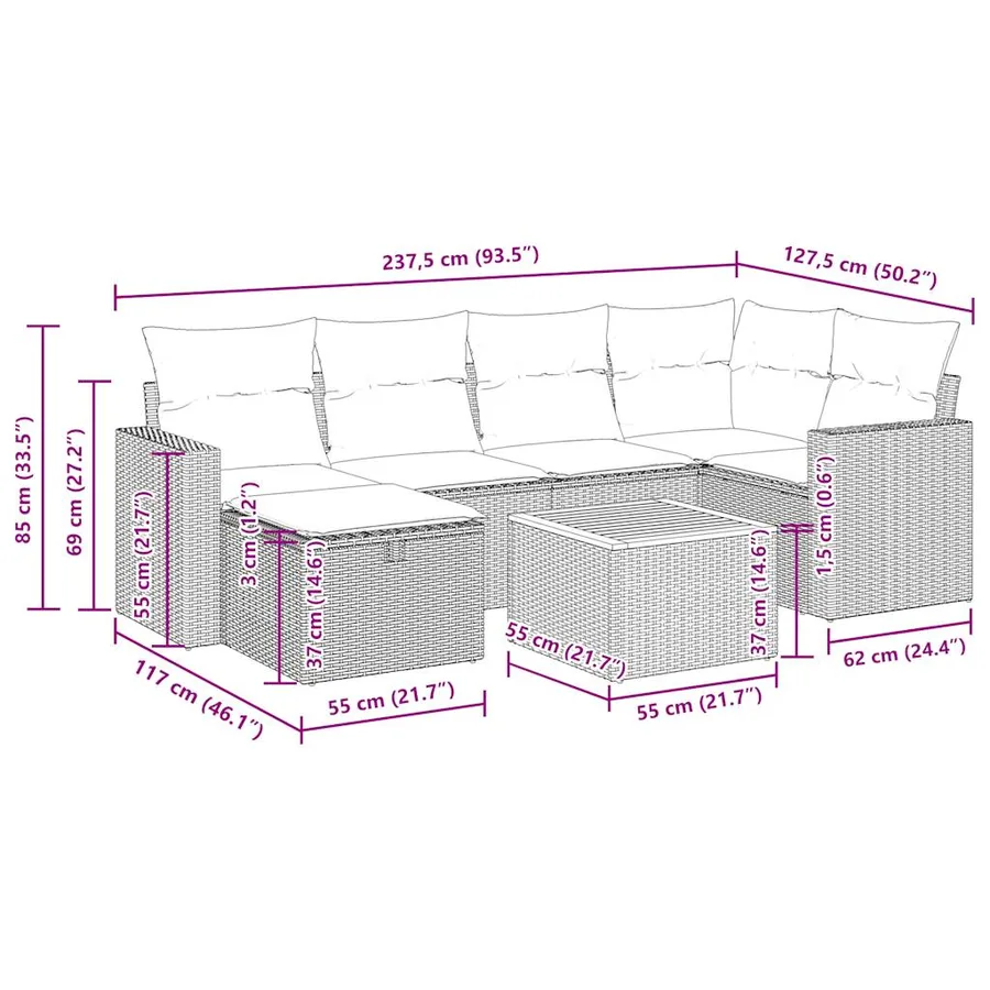 Salon de jardin avec coussins 7 pcs beige résine tressée - 15