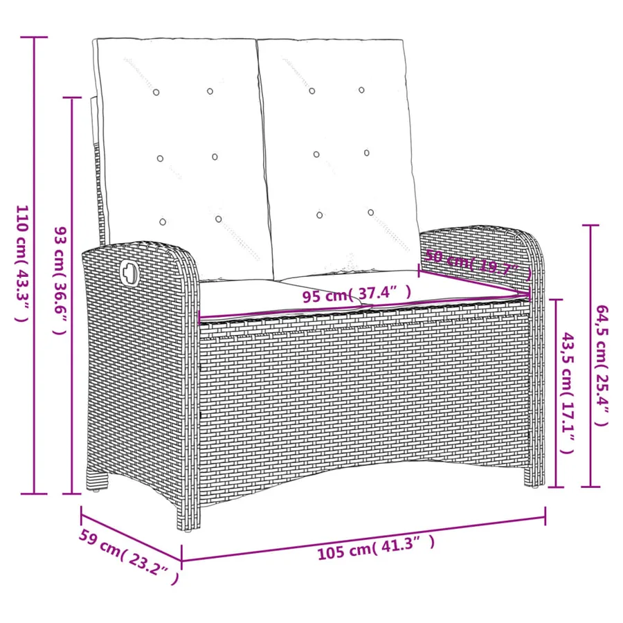 Banc inclinable de jardin avec coussins gris résine tressée - 10