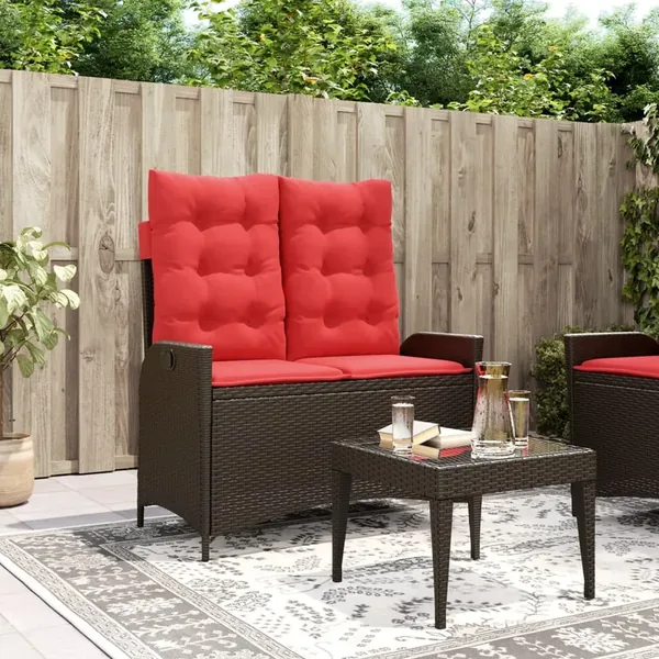 Banc inclinable de jardin avec coussins marron résine tressée