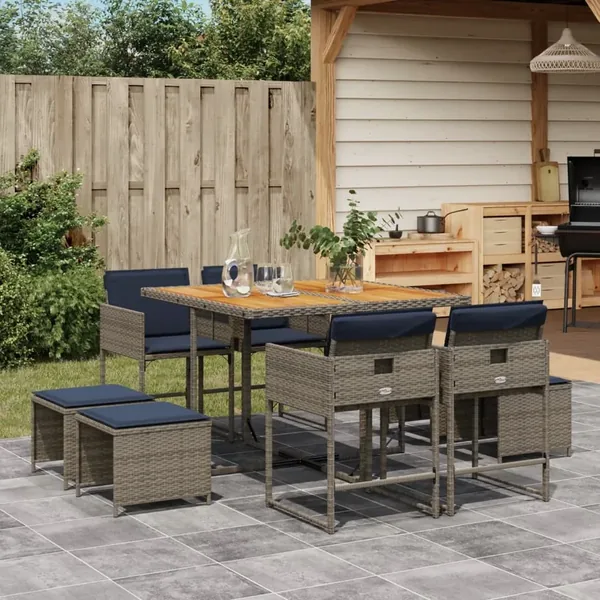 Ensemble à manger de jardin 9 pcs coussins gris résine tressée