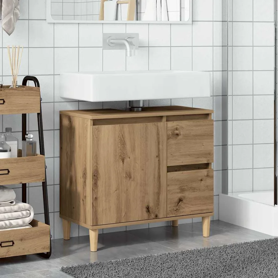 Armoire lavabo chêne artisanal 65x33x60 cm bois d'ingénierie - 3