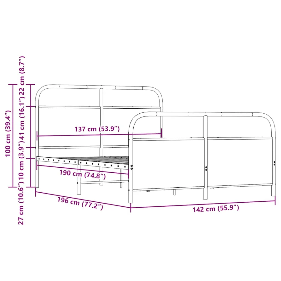 Cadre de lit en métal sans matelas chêne fumé 137x190 cm - 9