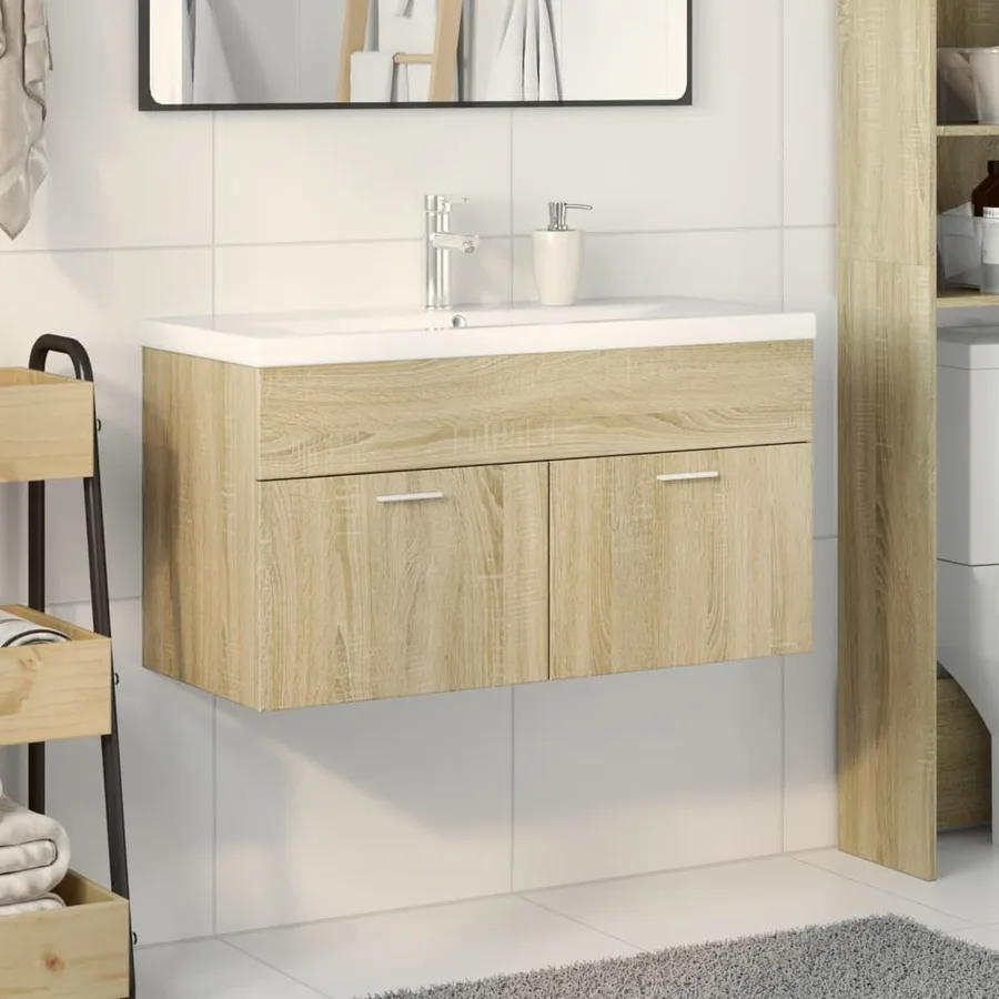 Armoire lavabo de salle de bain et bassin intégré chêne sonoma - 3