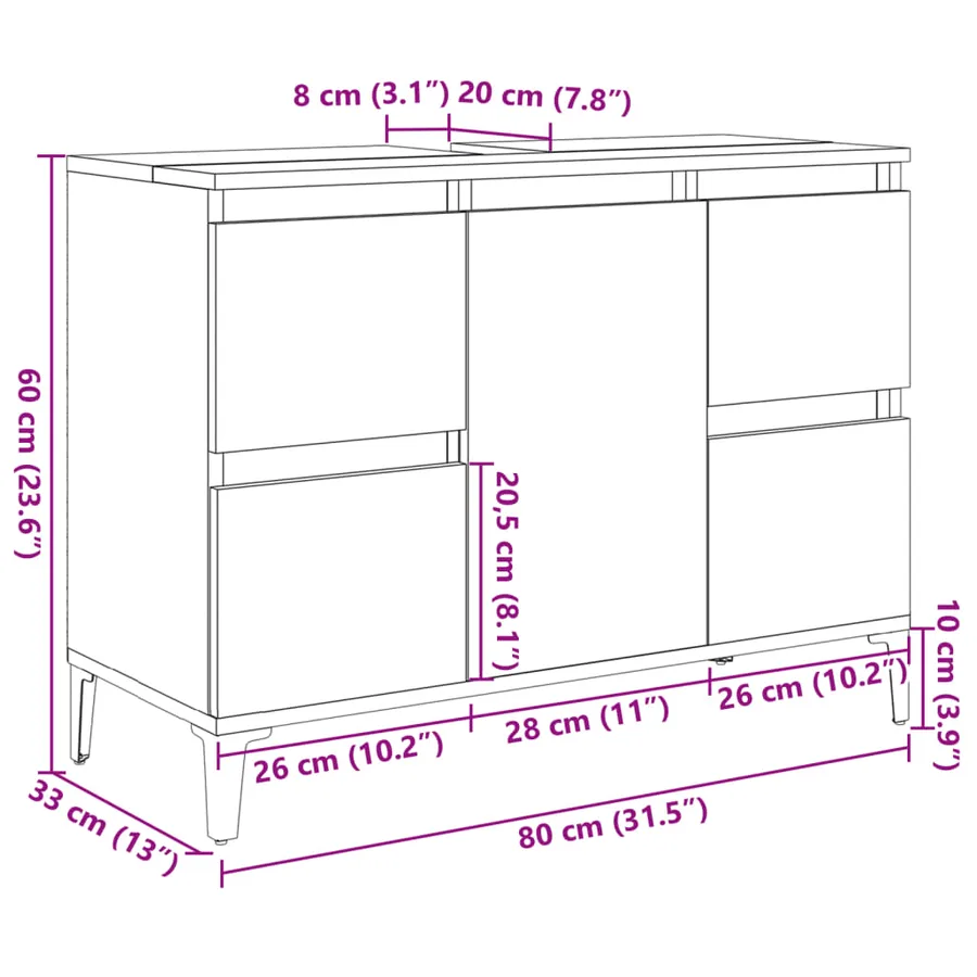 Meuble d'évier gris béton 80x33x60 cm bois d'ingénierie - 10