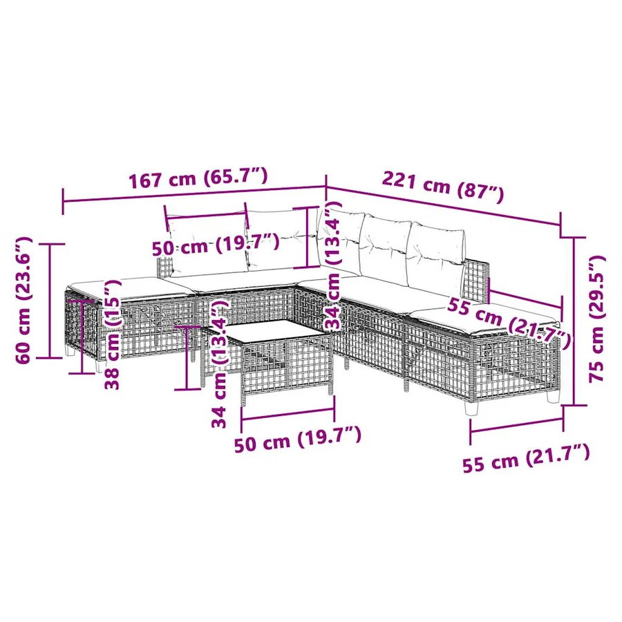Ensemble de canapé d'angle de jardin 3 pcs avec coussins marron résine tressée - 15