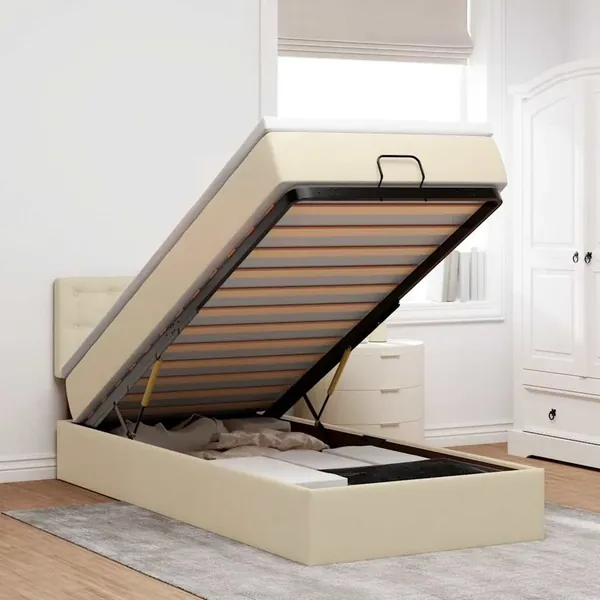 Lit ottoman avec matelas crème 90x200 cm tissu