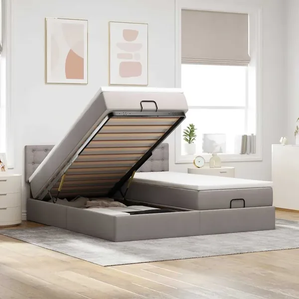 Cadre de lit ottoman avec matelas taupe 180x200 cm tissu