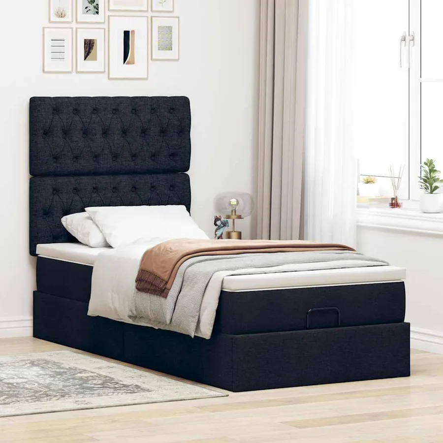 Lit ottoman avec matelas noir 90x200 cm tissu - 3