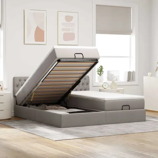 Cadre de lit ottoman avec matelas taupe 180x200 cm tissu