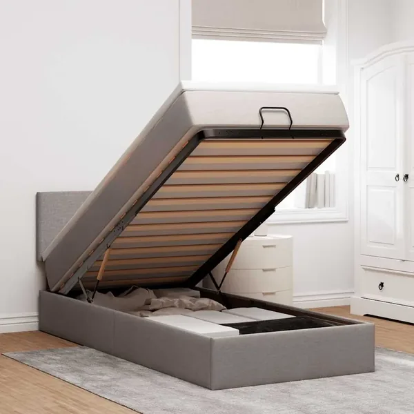 Lit ottoman avec matelas et LED taupe 90x200 cm tissu