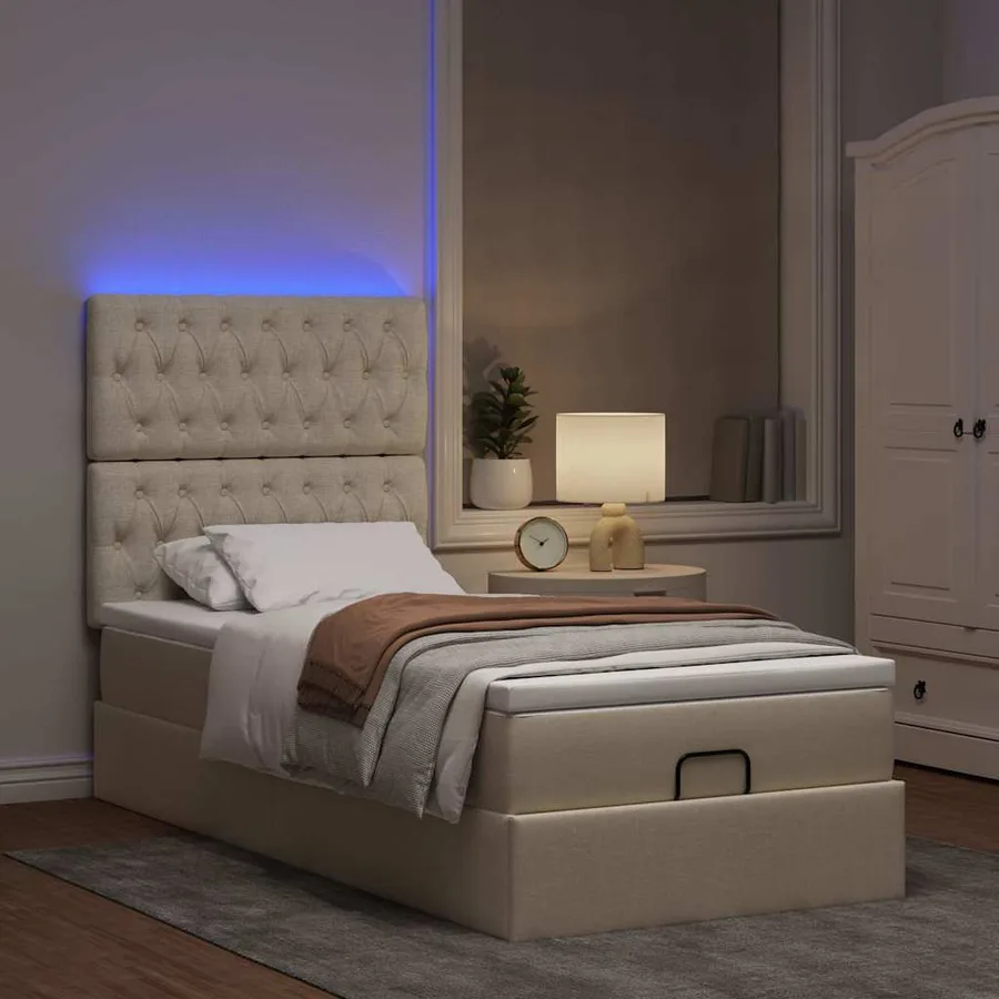 Lit ottoman avec matelas et LED crème 90x200 cm tissu - 3