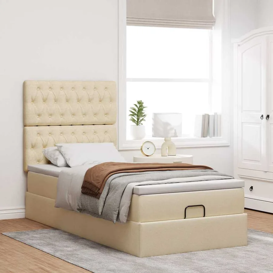 Lit ottoman avec matelas et LED crème 90x200 cm tissu - 4