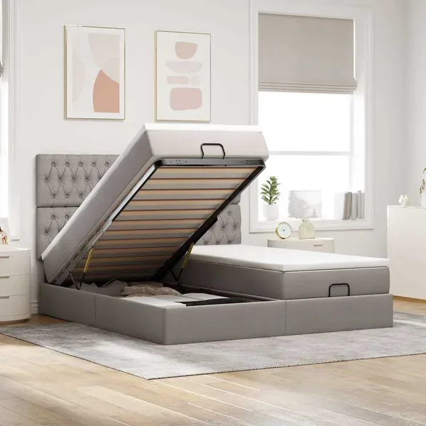 Cadre de lit ottoman avec matelas taupe 180x200 cm tissu