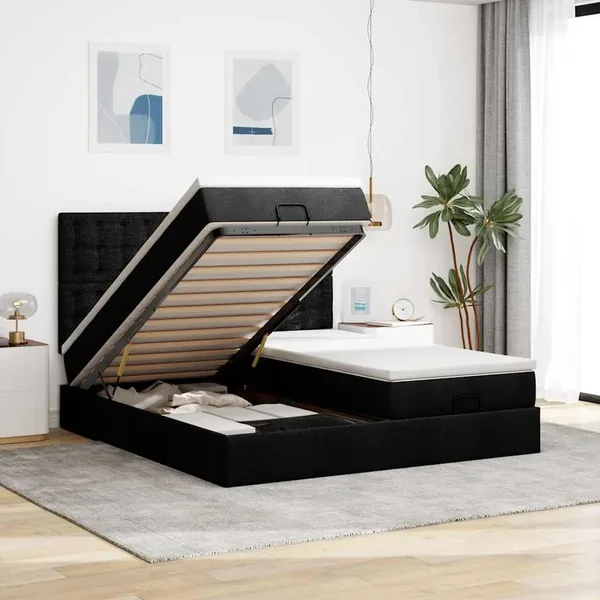 Cadre de lit ottoman avec matelas noir 180x200cm tissu