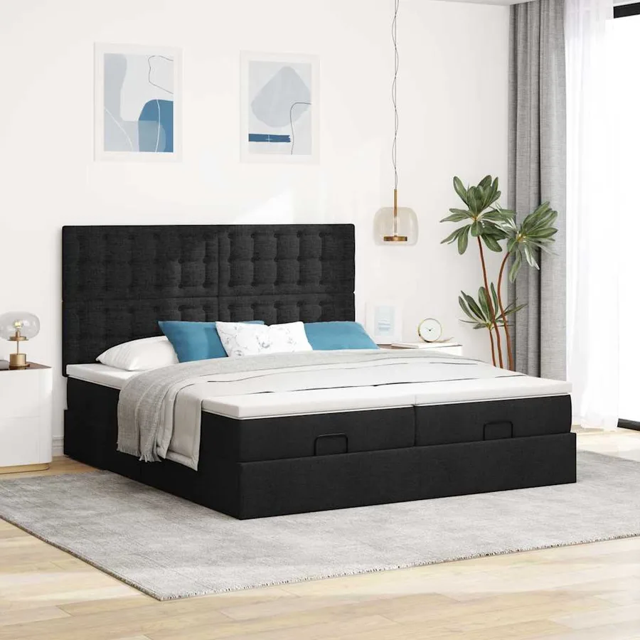 Cadre de lit ottoman avec matelas noir 180x200cm tissu - 4