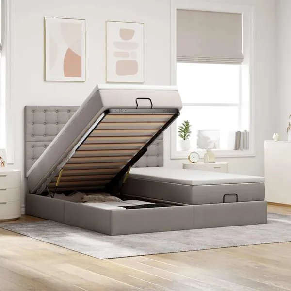 Cadre de lit ottoman avec matelas taupe 180x200 cm tissu