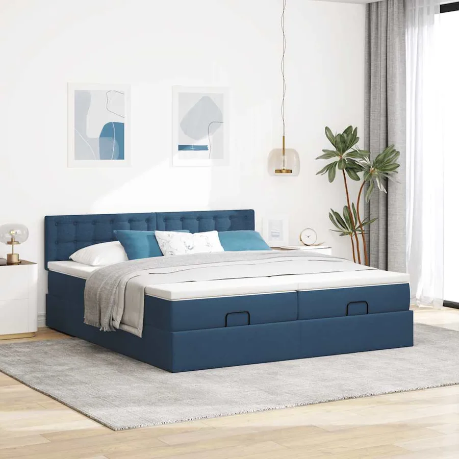 Cadre de lit ottoman avec matelas bleu 180x200 cm tissu - 3