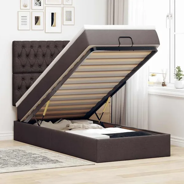 Lit ottoman avec matelas et LED marron foncé 90x200 cm tissu
