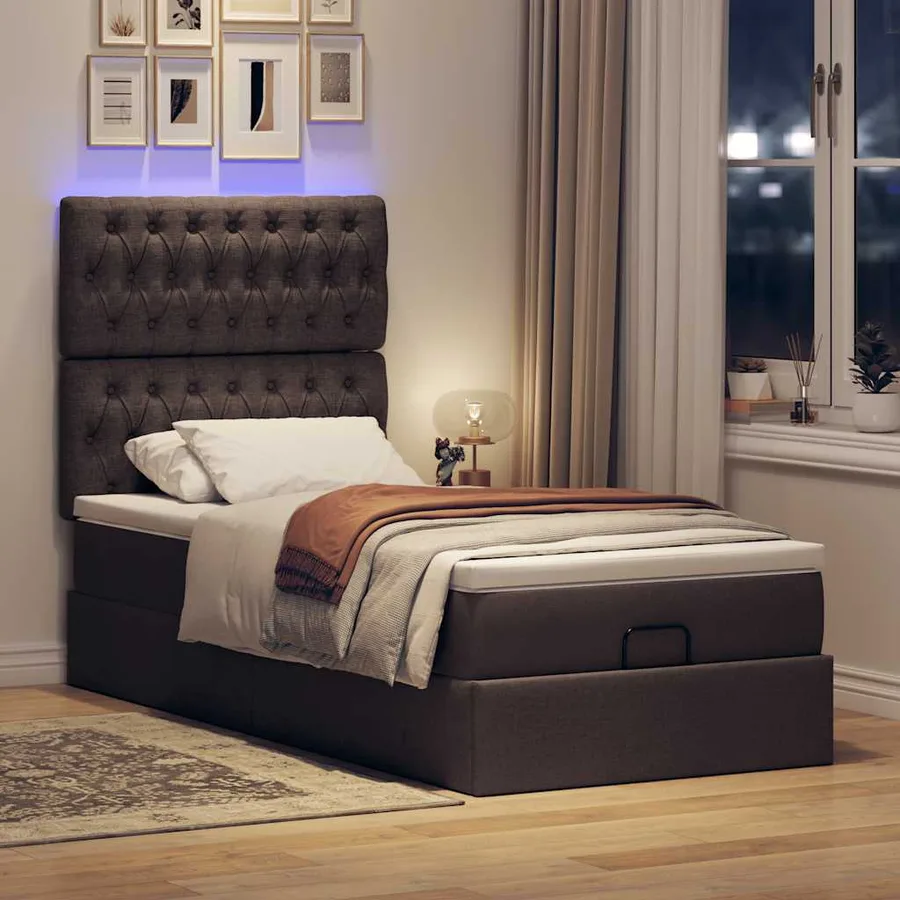 Lit ottoman avec matelas et LED marron foncé 90x200 cm tissu - 3