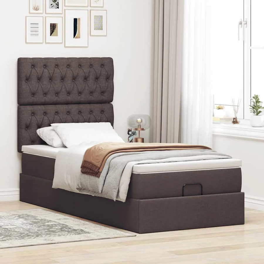 Lit ottoman avec matelas et LED marron foncé 90x200 cm tissu - 4