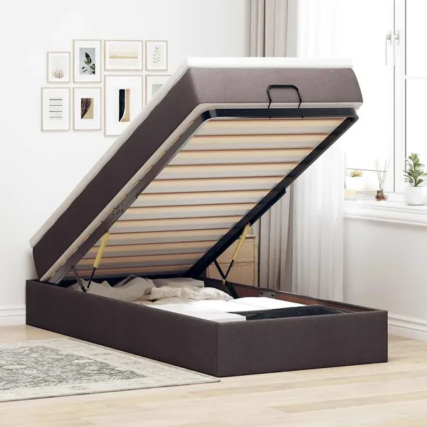 Cadre de lit ottoman avec matelas marron foncé 90x200 cm tissu