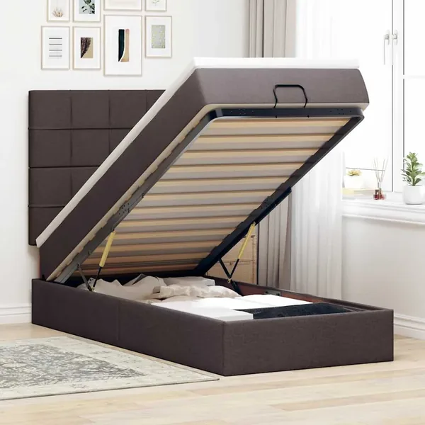 Lit ottoman avec matelas marron foncé 90x200 cm tissu