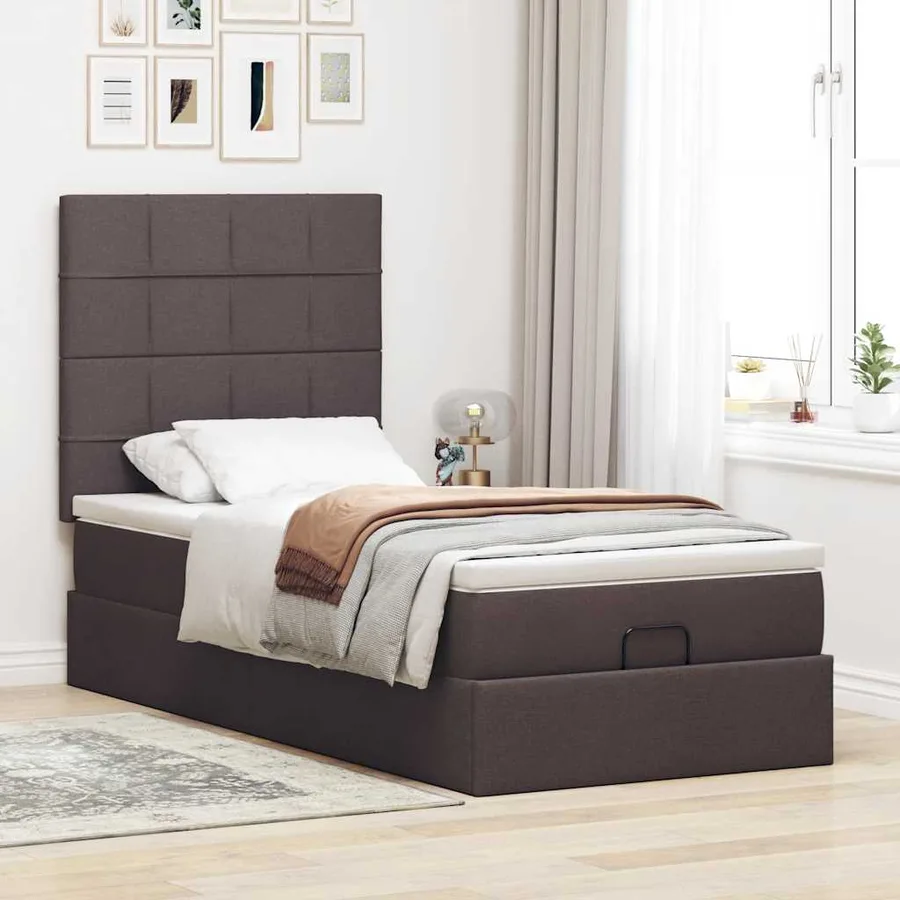 Lit ottoman avec matelas marron foncé 90x200 cm tissu - 3