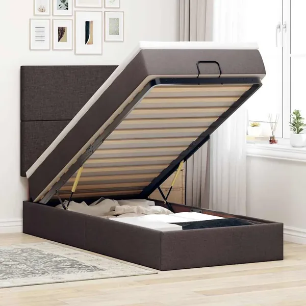 Lit ottoman avec matelas marron foncé 90x200 cm tissu