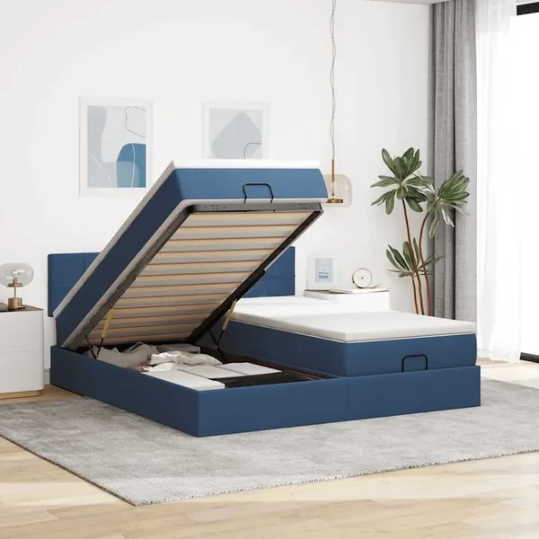 Cadre de lit ottoman avec matelas bleu 180x200 cm tissu
