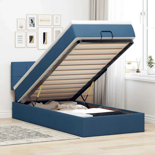 Lit ottoman avec matelas et LED Bleu 90x200 cm Tissu