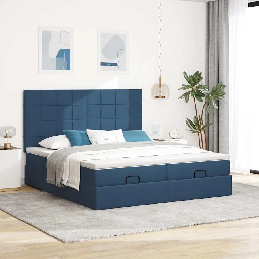 Cadre de lit ottoman avec matelas bleu 180x200 cm tissu - 4
