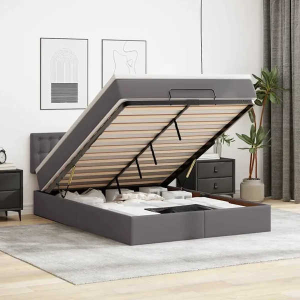 Cadre de lit ottoman avec matelas gris 140x200 cm similicuir