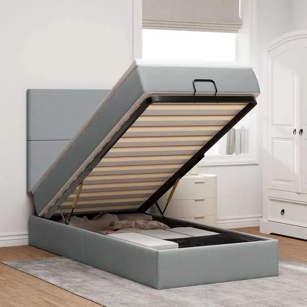 Lit ottoman avec matelas et LED gris clair 90x200 cm tissu