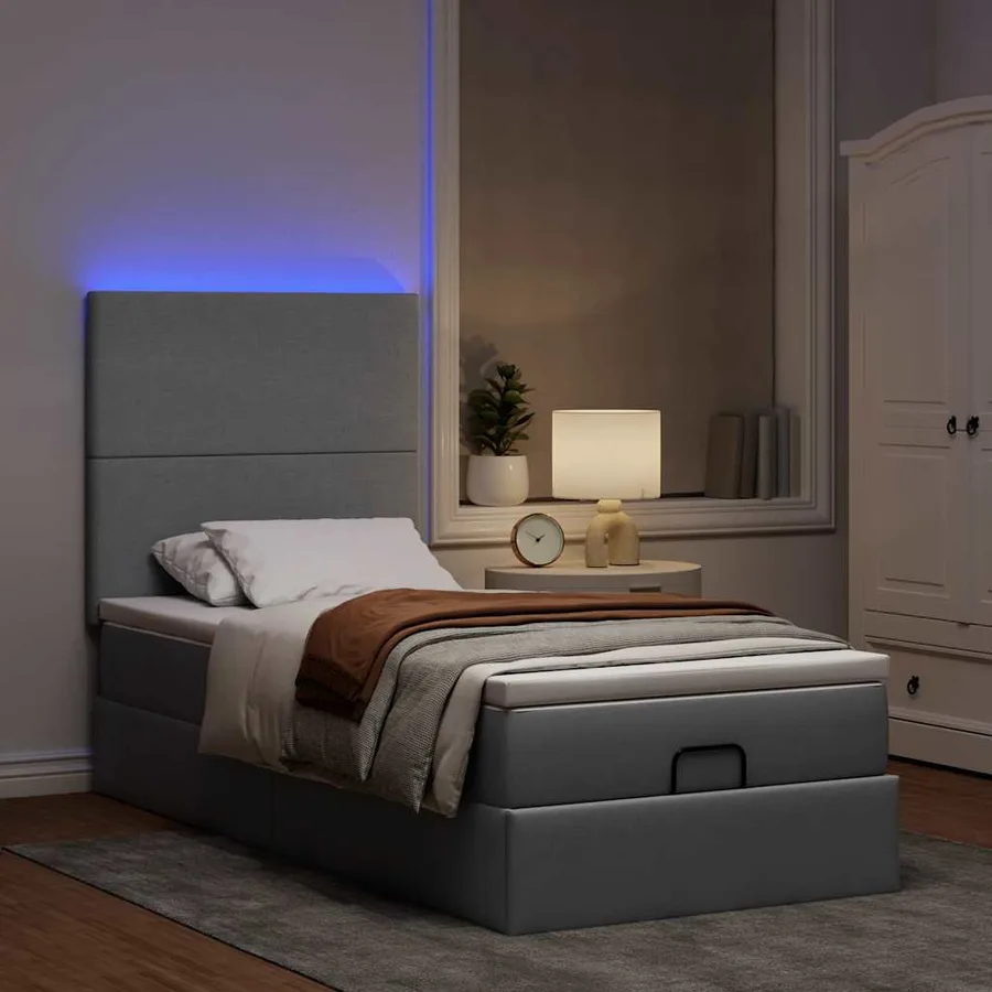 Lit ottoman avec matelas et LED gris clair 90x200 cm tissu - 3