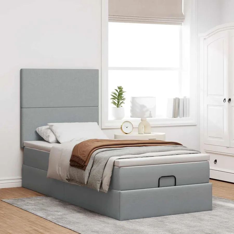 Lit ottoman avec matelas et LED gris clair 90x200 cm tissu - 4