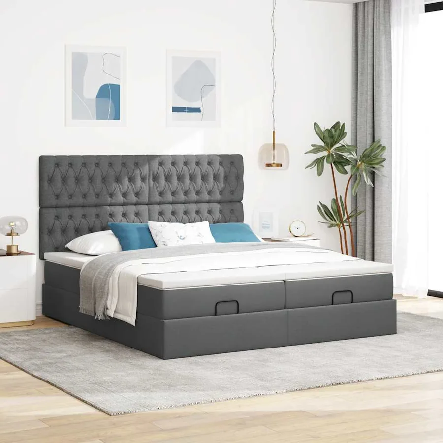 Cadre de lit ottoman avec matelas gris foncé 180x200cm tissu - 3