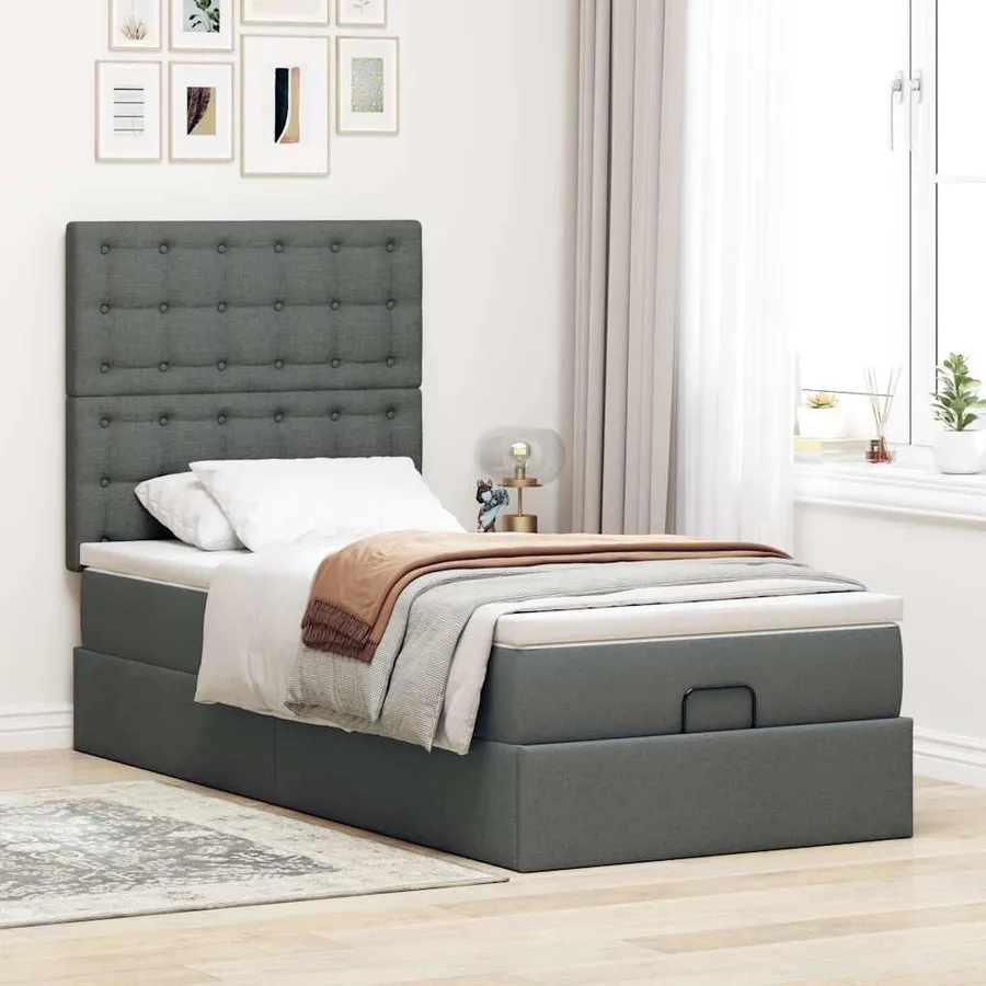 Lit ottoman avec matelas gris foncé 90x200 cm tissu - 3
