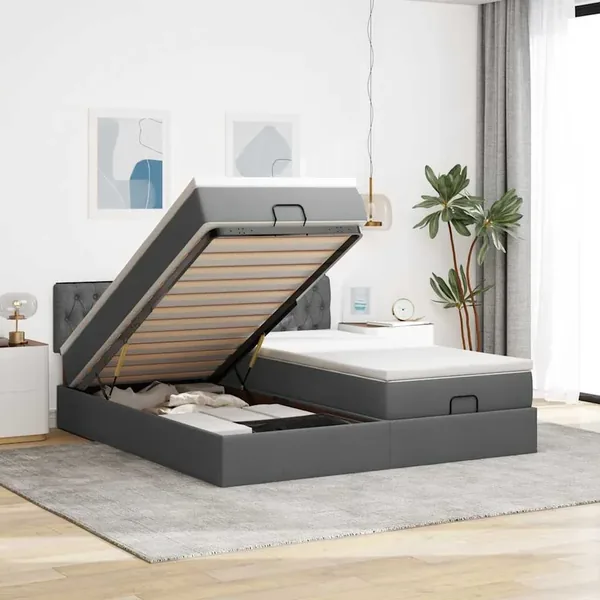 Cadre de lit ottoman avec matelas gris foncé 180x200cm tissu